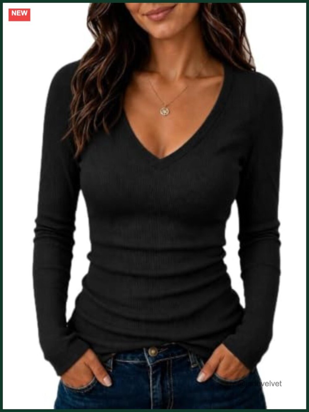Women Long Sleeve V Neck Ribbed Knit Slim Fit Work Top Casual Fall Shirt